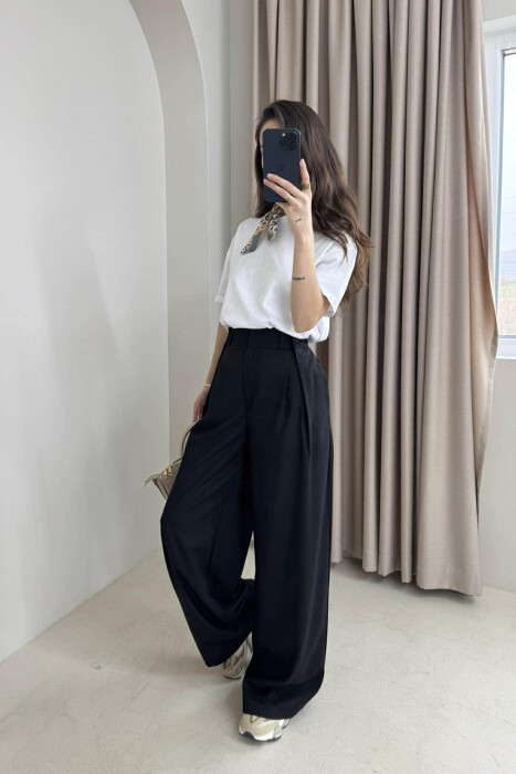 ONE COLOR WIDE LEG WOMEN TROUSERS BLACK/ E ZEZE - 4
