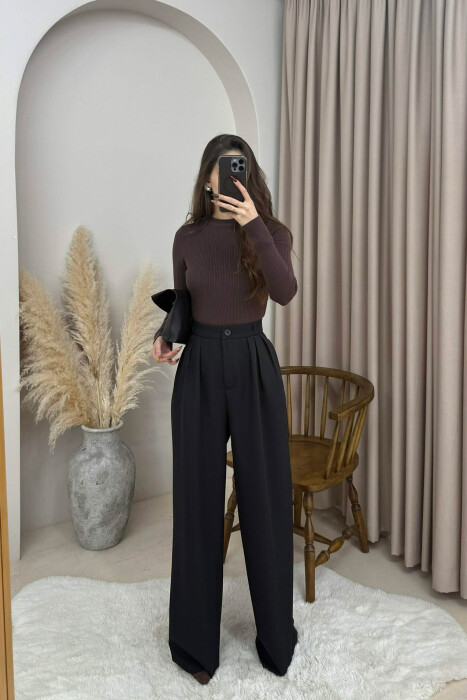 ONE COLOR WIDE LEG WOMEN TROUSERS BLACK/ E ZEZE - 2