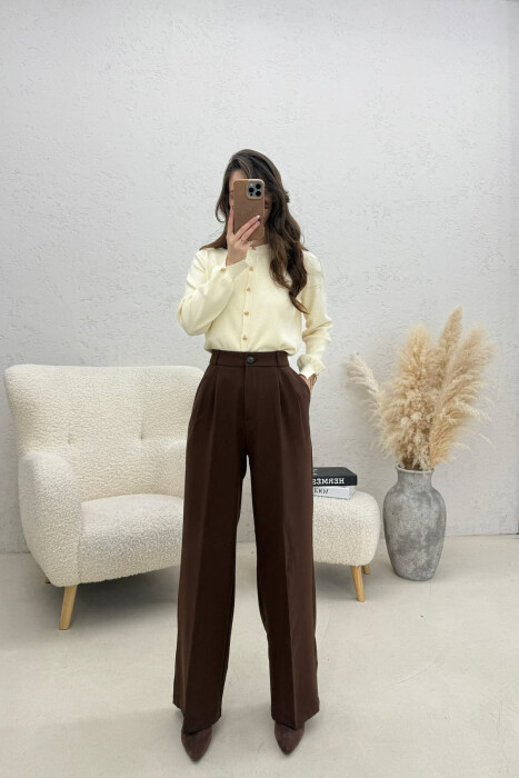 ONE COLOR WIDE LEG WOMEN TROUSERS BROWN/KAFE 