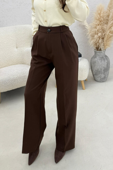 ONE COLOR WIDE LEG WOMEN TROUSERS BROWN/KAFE - 4