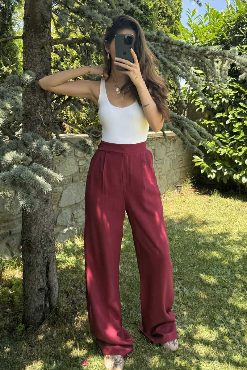 ONE COLOR WIDE LEG WOMEN TROUSERS BURGUNDY/VISHNJE - 1