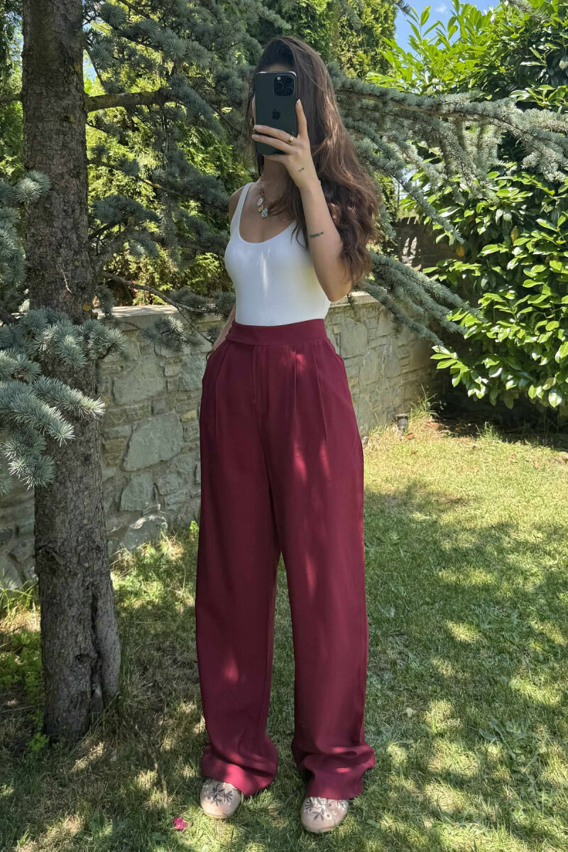 ONE COLOR WIDE LEG WOMEN TROUSERS BURGUNDY/VISHNJE - 4