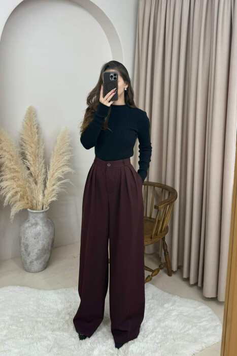 ONE COLOR WIDE LEG WOMEN TROUSERS BURGUNDY/VISHNJE - 2