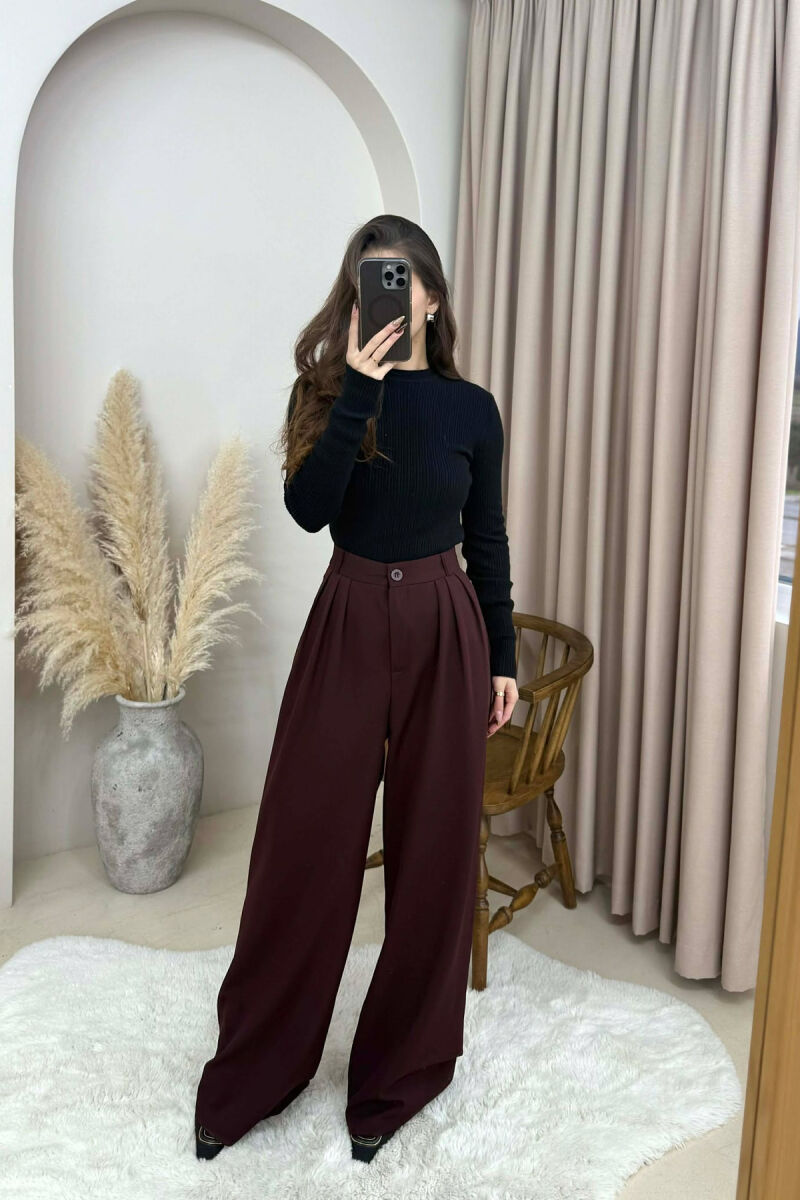 ONE COLOR WIDE LEG WOMEN TROUSERS BURGUNDY/VISHNJE - 4