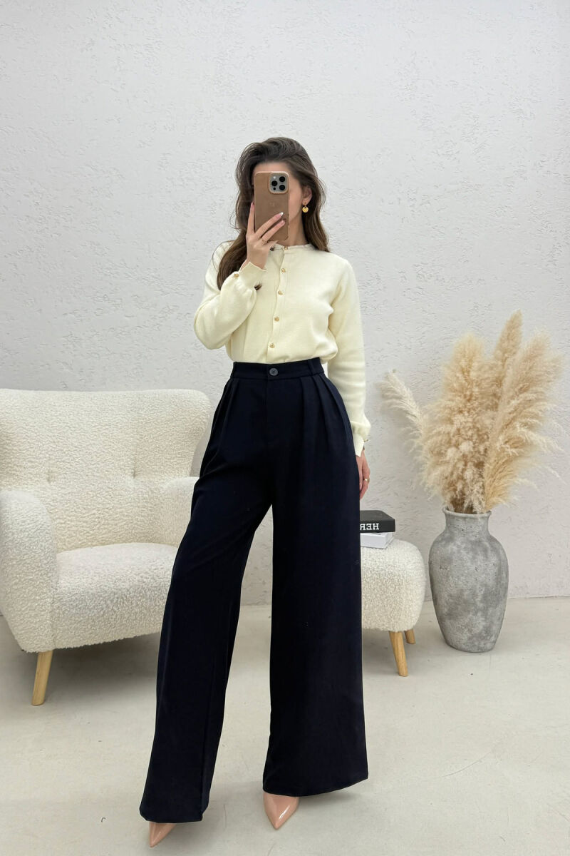 ONE COLOR WIDE LEG WOMEN TROUSERS DARK BLUE/BEE - 1