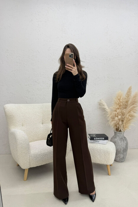 ONE COLOR WIDE LEG WOMEN TROUSERS DARK BROWN/KAE 