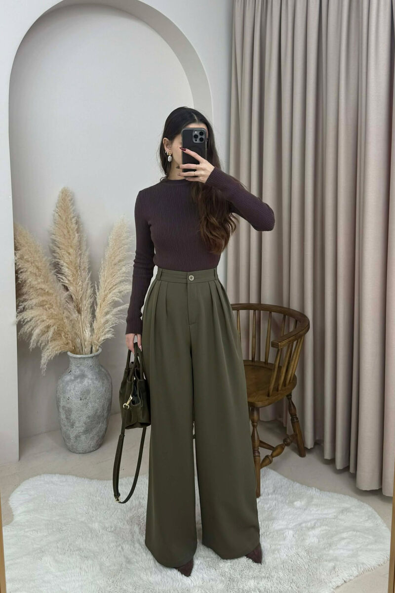ONE COLOR WIDE LEG WOMEN TROUSERS GREEN/JESHILE - 2
