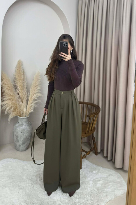 ONE COLOR WIDE LEG WOMEN TROUSERS GREEN/JESHILE - 4