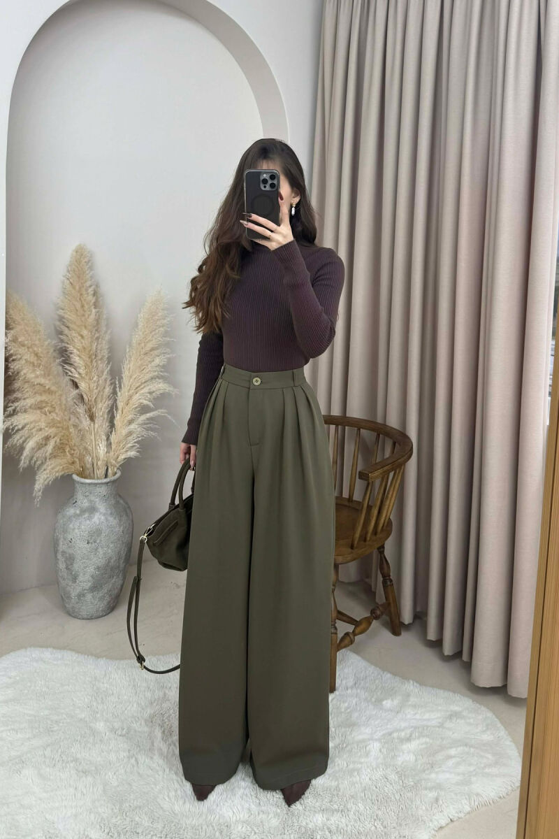 ONE COLOR WIDE LEG WOMEN TROUSERS GREEN/JESHILE - 4