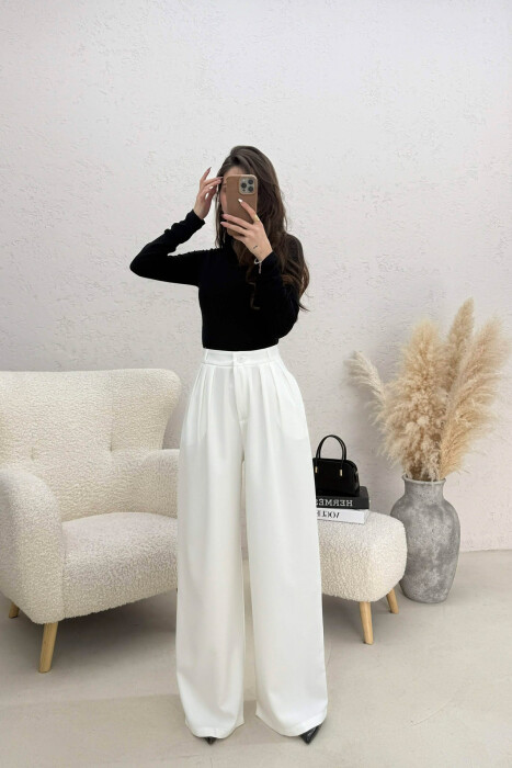 ONE COLOR WIDE LEG WOMEN TROUSERS WHITE-E BARDHE 