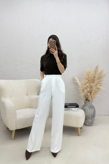 ONE COLOR WIDE LEG WOMEN TROUSERS WHITE-E BARDHE 