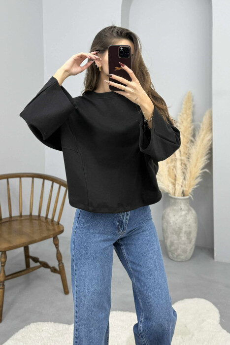 ONE COLOR WIDE ROUND NECK WOMEN SWEATSHIRT BLACK/ E ZEZE - 4