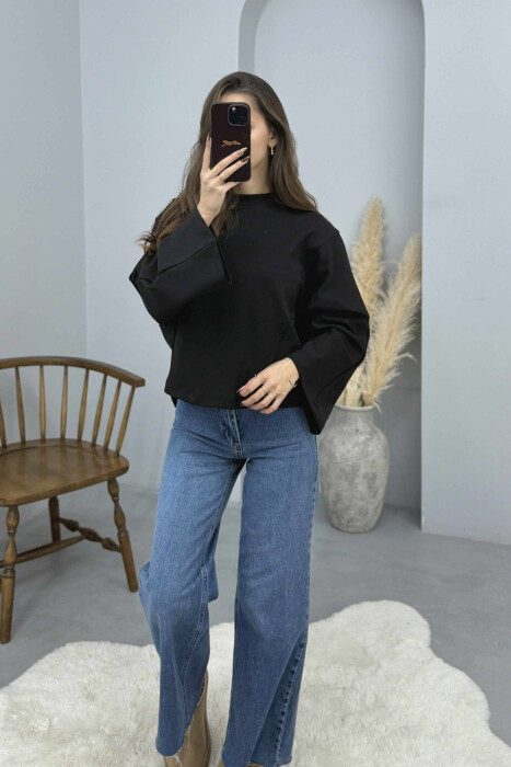 ONE COLOR WIDE ROUND NECK WOMEN SWEATSHIRT BLACK/ E ZEZE 