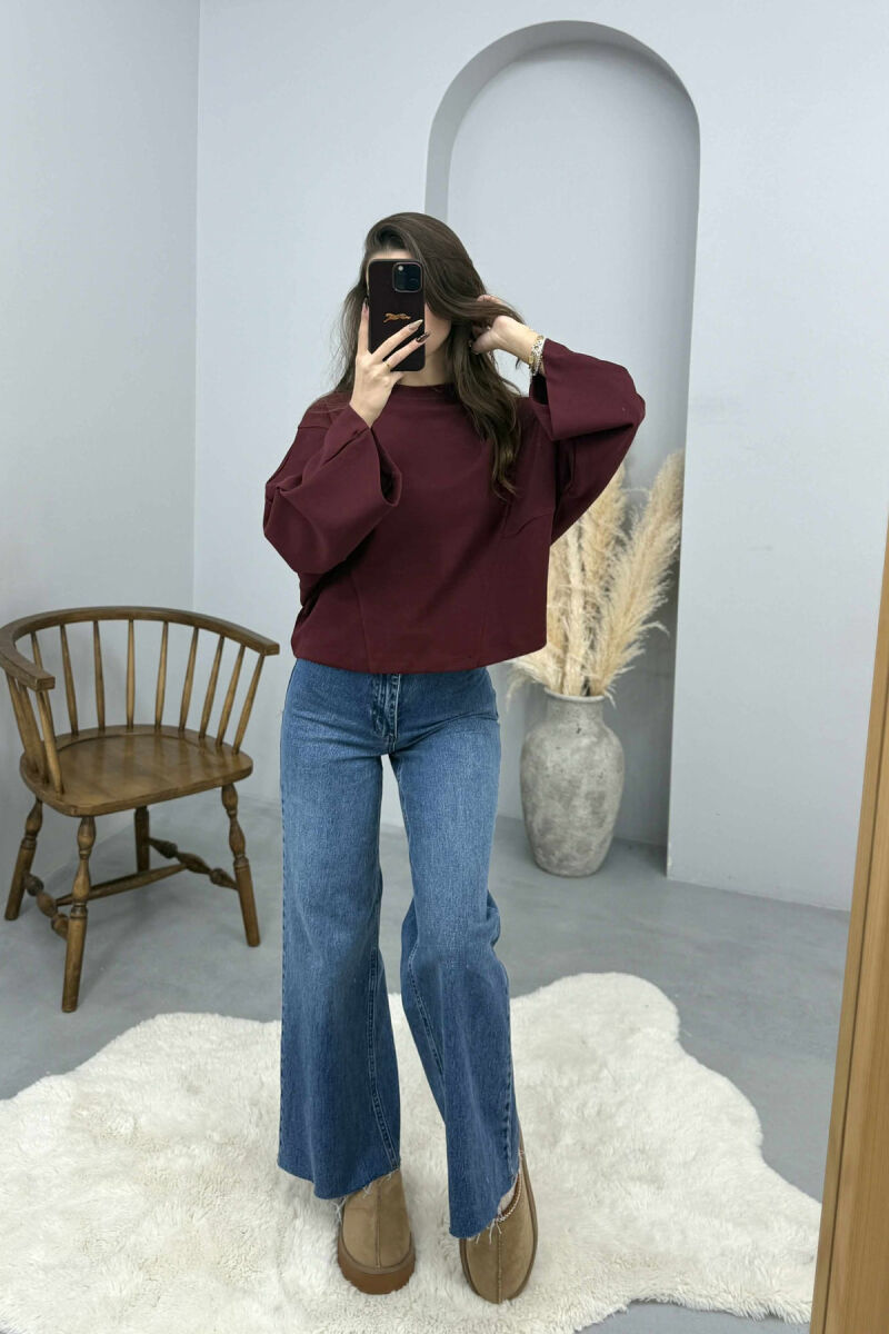 ONE COLOR WIDE ROUND NECK WOMEN SWEATSHIRT BURGUNDY/VISHNJE - 4