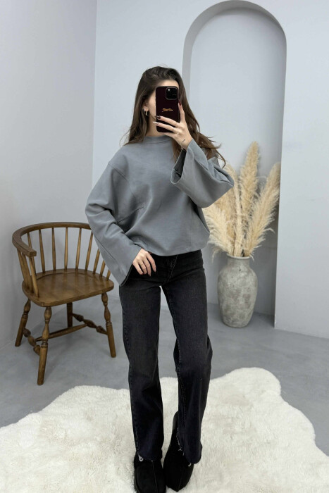 ONE COLOR WIDE ROUND NECK WOMEN SWEATSHIRT GREY/GRI 