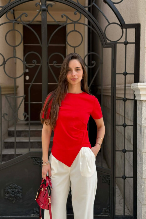 BLUZE ME MENGE TE SHKURTA PER FEMRA NE NGJYRE TE KUQE - KLAUDIO FASHION