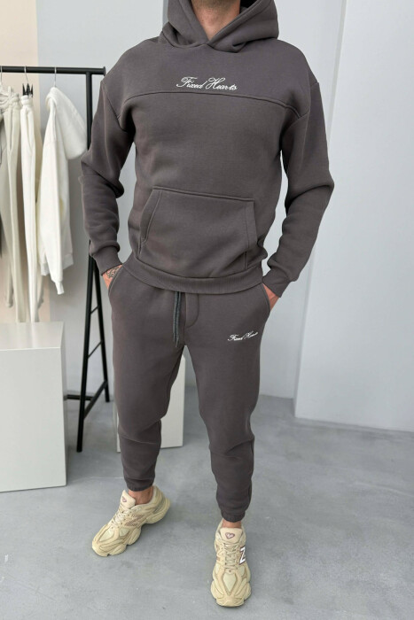 ONE COLOR WRITTINGS HOODIE+ SWEATPANTS MEN SET DARK GREY/GEE - 1