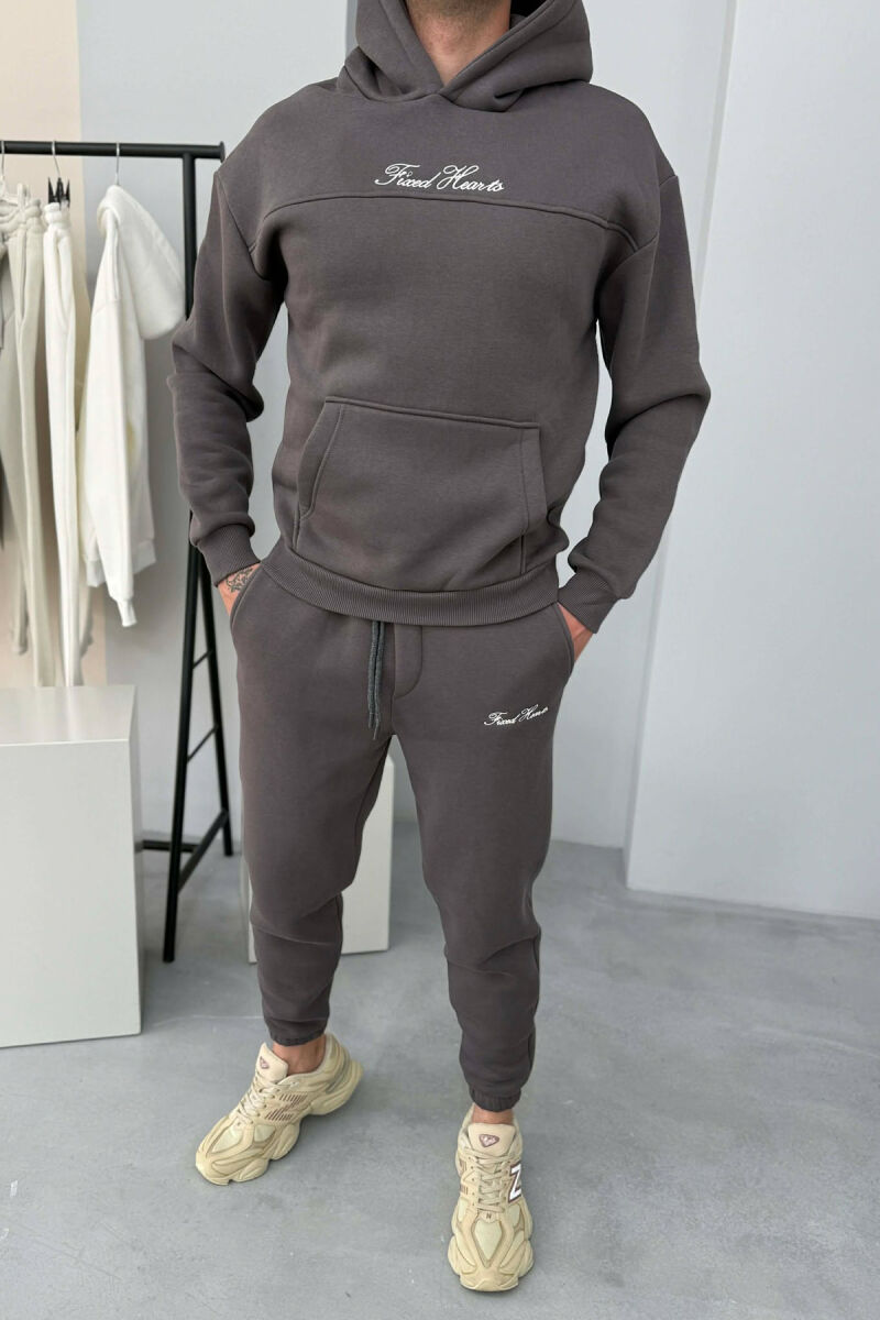 ONE COLOR WRITTINGS HOODIE+ SWEATPANTS MEN SET DARK GREY/GEE - 1