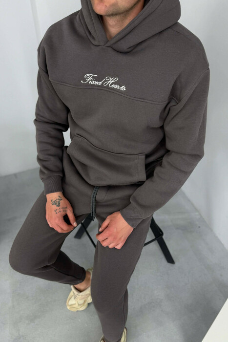 ONE COLOR WRITTINGS HOODIE+ SWEATPANTS MEN SET DARK GREY/GEE - 2