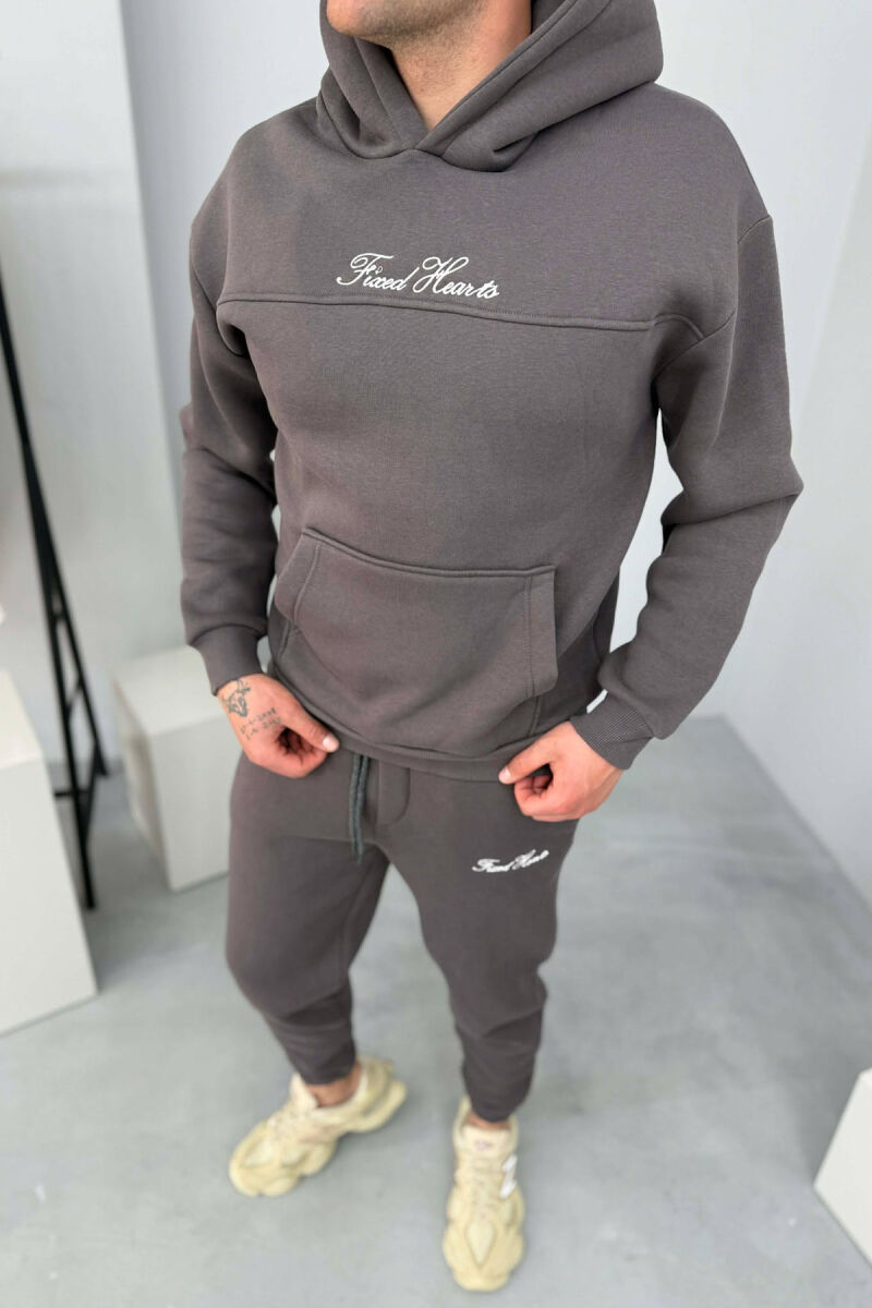 ONE COLOR WRITTINGS HOODIE+ SWEATPANTS MEN SET DARK GREY/GEE - 4