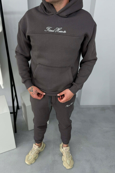 ONE COLOR WRITTINGS HOODIE+ SWEATPANTS MEN SET DARK GREY/GEE - 6
