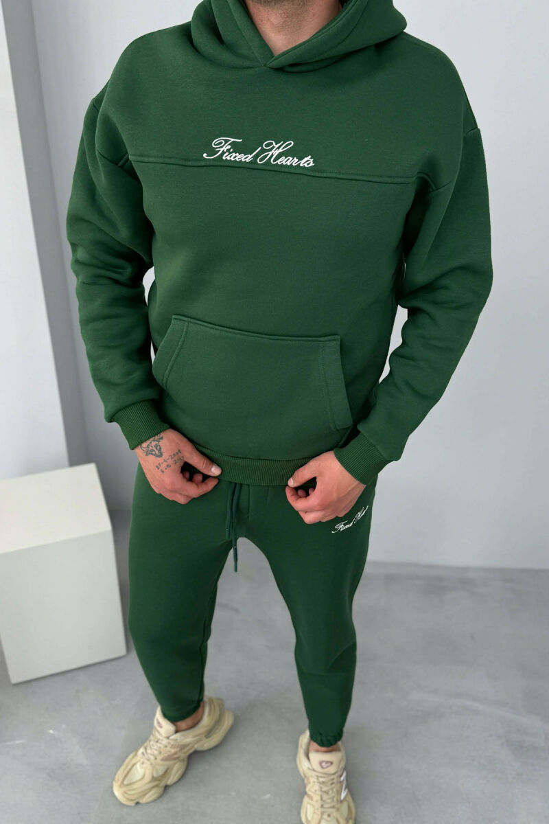 ONE COLOR WRITTINGS HOODIE+ SWEATPANTS MEN SET GREEN/JESHILE - 2