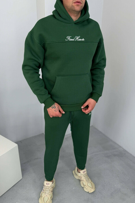 ONE COLOR WRITTINGS HOODIE+ SWEATPANTS MEN SET GREEN/JESHILE - 5
