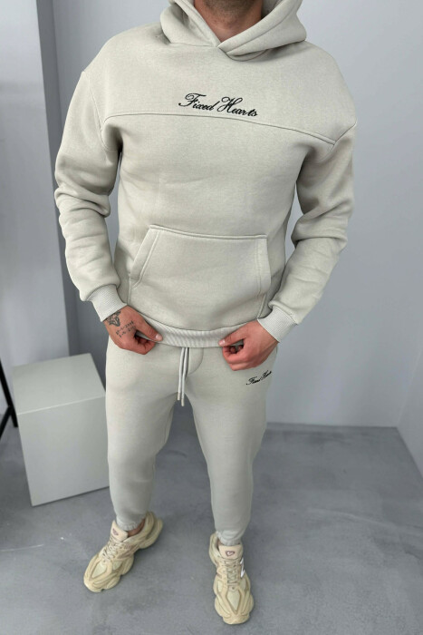 ONE COLOR WRITTINGS HOODIE+ SWEATPANTS MEN SET LIGHT GREY/GZ - 1