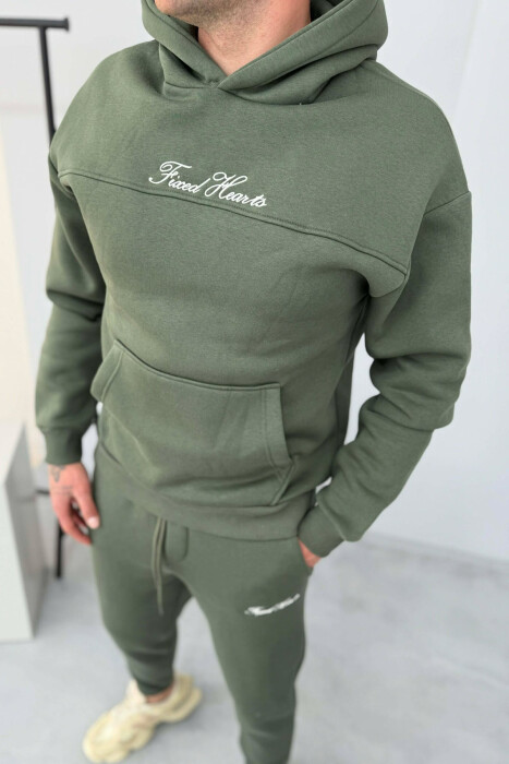 ONE COLOR WRITTINGS HOODIE+ SWEATPANTS MEN SET OLIVE/ULLI - 3