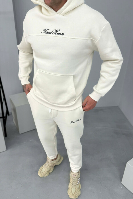 ONE COLOR WRITTINGS HOODIE+ SWEATPANTS MEN SET WHITE-E BARDHE - 6