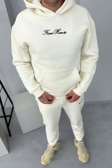ONE COLOR WRITTINGS HOODIE+ SWEATPANTS MEN SET WHITE-E BARDHE - 7