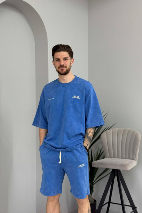 ONE COLOR WRITTINGS T-SHIRT + SHORTS MEN SET BLUE/BLU - 2