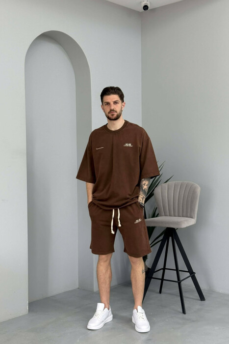 ONE COLOR WRITTINGS T-SHIRT + SHORTS MEN SET BROWN/KAFE - 1