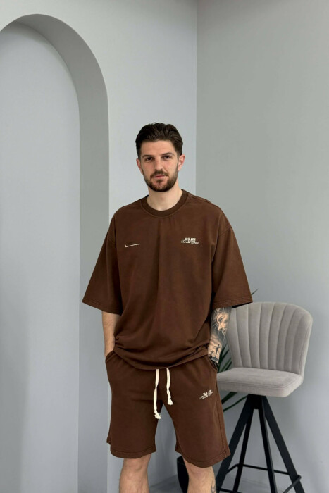 ONE COLOR WRITTINGS T-SHIRT + SHORTS MEN SET BROWN/KAFE - 3