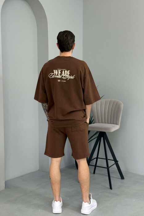 ONE COLOR WRITTINGS T-SHIRT + SHORTS MEN SET BROWN/KAFE - 4