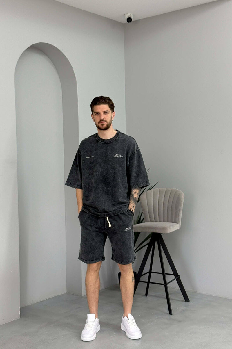 ONE COLOR WRITTINGS T-SHIRT + SHORTS MEN SET DARK GREY/GEE - 1