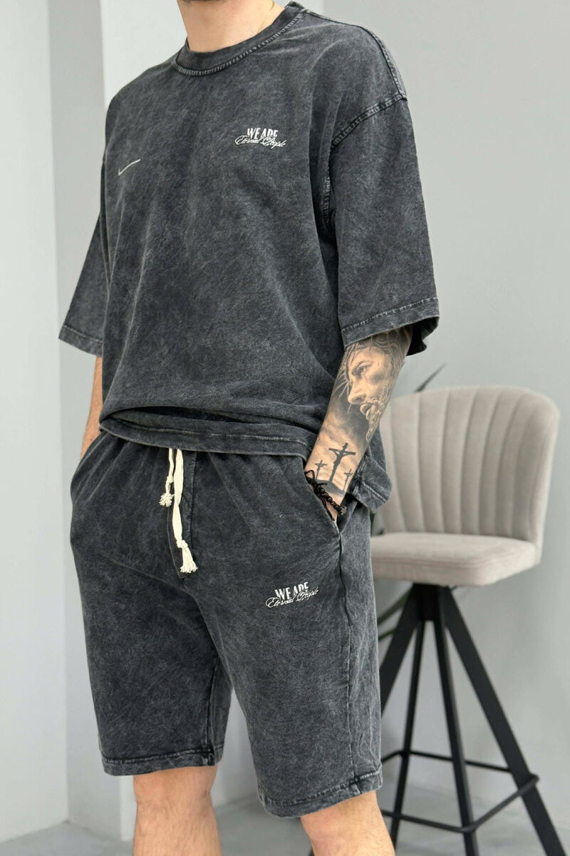 ONE COLOR WRITTINGS T-SHIRT + SHORTS MEN SET DARK GREY/GEE - 5
