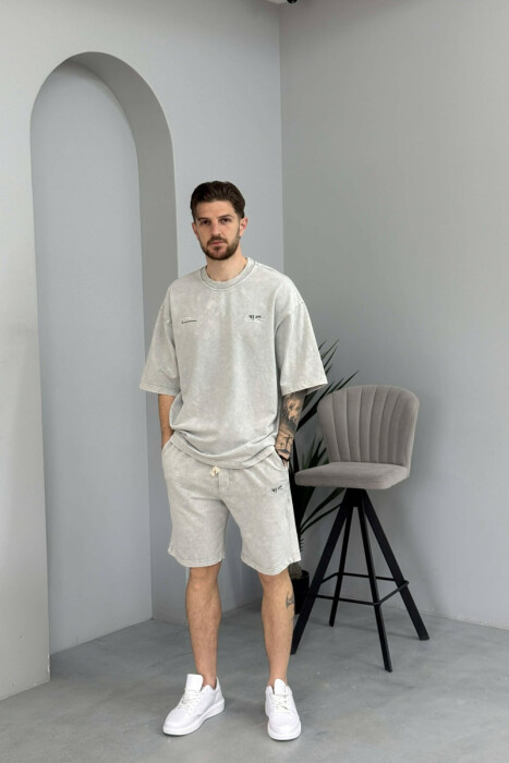 ONE COLOR WRITTINGS T-SHIRT + SHORTS MEN SET LIGHT GREY/GZ - 1