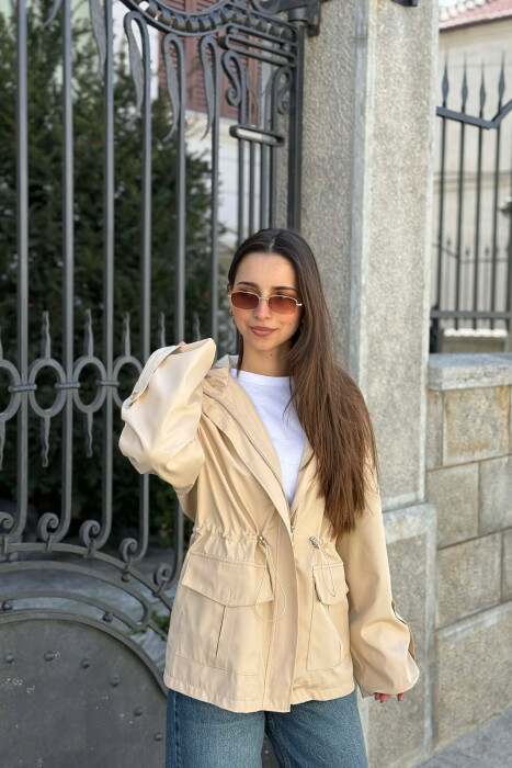 ONE COLOR ZIP UP DRAWSTRING WAIST HOODED WOMEN JACKET CREAM/KREM - KLAUDIO FASHION