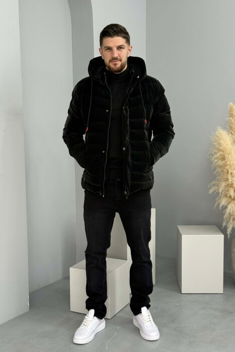 ONE COLOR ZIPPER FLUFFY MEN PUFFER JACKET BLACK/ E ZEZE - 2