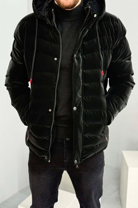 ONE COLOR ZIPPER FLUFFY MEN PUFFER JACKET BLACK/ E ZEZE 