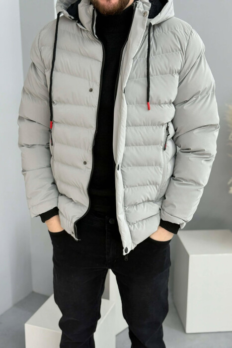 ONE COLOR ZIPPER FLUFFY MEN PUFFER JACKET GREY/GRI 