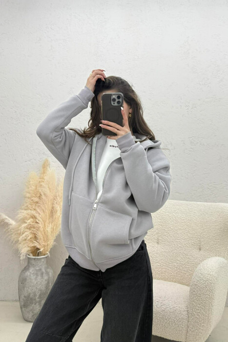 ONE COLOR ZIPPER HOOD WOMEN JACKET GREY/GRI - KLAUDIO FASHION