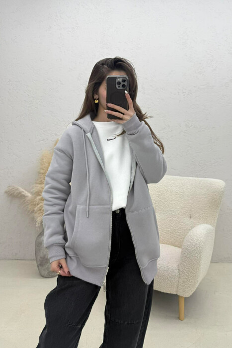 ONE COLOR ZIPPER HOOD WOMEN JACKET GREY/GRI - 3