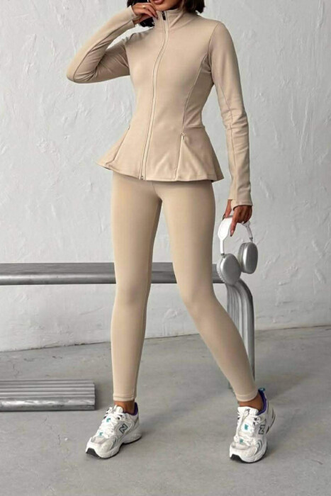 ONE COLOR ZIPPER JACKET + SWEATPANTS WOMAN SET BEIGE/BEZHE - KLAUDIO FASHION