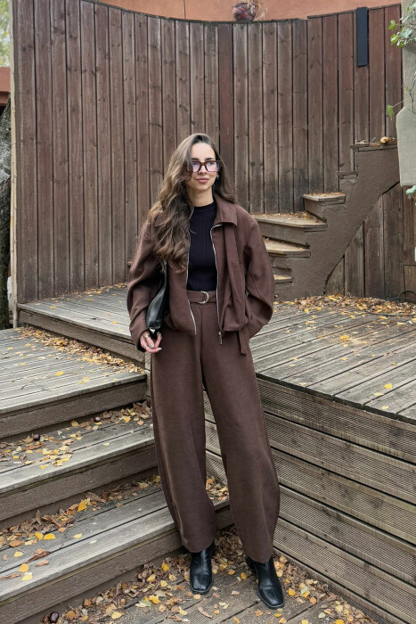 ONE COLOR ZIPPER JACKET+TROUSERS WOMEN SET BROWN/KAFE TWO-PIECE