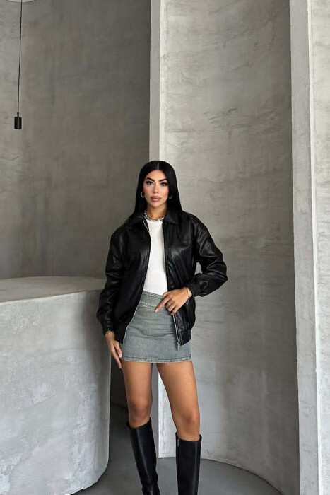 ONE COLOR ZIPPER LEATHER WOMEN JACKET BLACK/ E ZEZE - 7