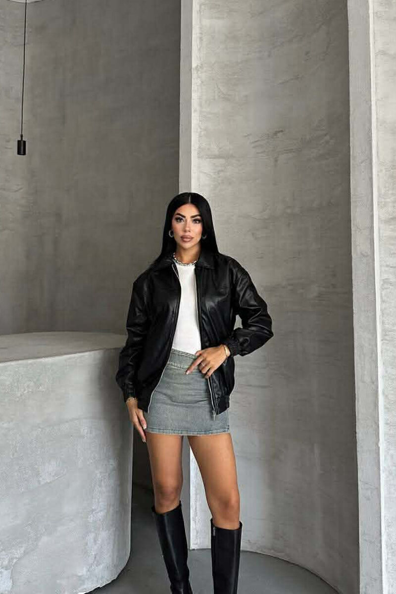 ONE COLOR ZIPPER LEATHER WOMEN JACKET BLACK/ E ZEZE - 7