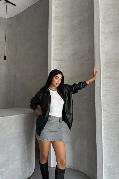 ONE COLOR ZIPPER LEATHER WOMEN JACKET BLACK/ E ZEZE - 8