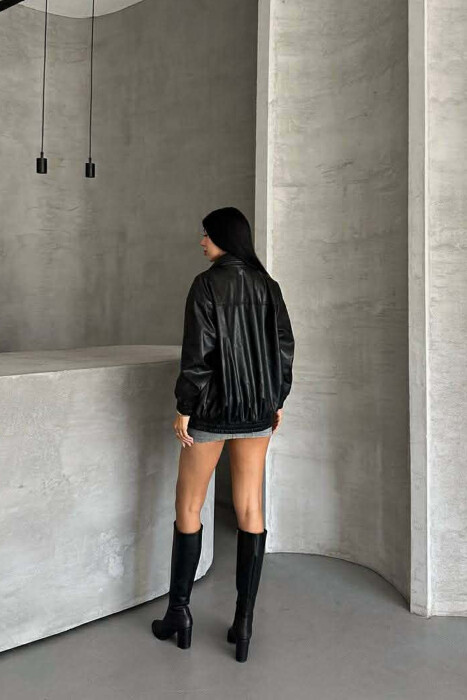 ONE COLOR ZIPPER LEATHER WOMEN JACKET BLACK/ E ZEZE - 9